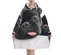 Funny Pug Black,Women's Oversized Wearable Blanket Hoodie, Blanket Sweatshirt,Flannel Pullover Blanket