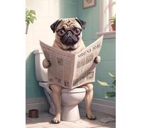 Funny Pug Dog Bathroom Wall Art Print, Reading Newspaper on Toilet, Humorous Home Decor. Size A4