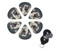 Funny Pug Dog Guitar Picks 6 Pack 3 Different Thickness Celluloid Guitar Plectrums with Guitar Pick Holder Personalized Guitar Pick for Acoustic Guitar, Electric Guitar, Bass, Ukulele