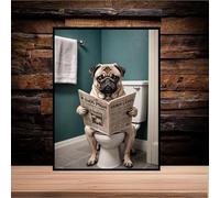 Funny Pug Dog Metal Wall Sign Bathroom toilet Kitchen Gift man cave sat on the toilet reading a newspaper