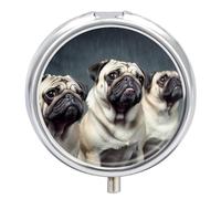 Funny Pug Dog Pill Box Medicine Pill Organizer 3 Compartment Daily Pill Case Small Pill Container Round Pill Holder Travel Pill Box Metal Pill Case for Purse Pocket