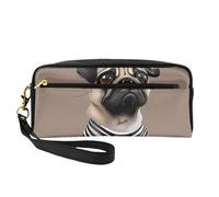 Funny Pug Dog Printed Leather Makeup Bags with Wrist Strap Portable Travel Toiletry Bag Cosmetic Organizer Bag for Women