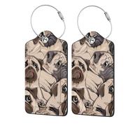 Funny Pug Pattern,Luggage Tags Pu Leather Name Tag Travel Suitcase Identifier ID Tags Durable Luggage Label 2 pcs