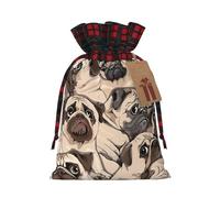 Funny Pug Pattern Print Christmas Party Gift Bags, Linen Drawstring Xmas Holiday Wedding Treat Candy Jewelry Sacks, Color Blocking Plaid Fabric