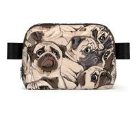 Funny Pug Pattern Print Waterproof Sling Bag with Large Opening Side Bag Durable Waist Pack for Running Cycling Travel