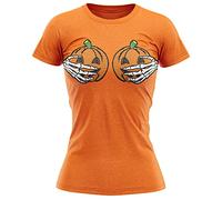 Funny Pumpkin Boobs Womens T Shirt, Rude Joke Halloween Fancy Dress Costume, Skeleton Hands Jack O Lantern Halloween Tee for Her, S, Orange