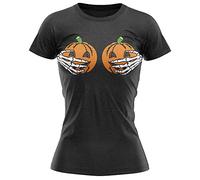 Funny Pumpkin Boobs Womens T Shirt, Rude Joke Halloween Fancy Dress Costume, Skeleton Hands Jack O Lantern Halloween Tee for Her, XXL, Black
