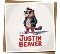 Funny Pun Greeting Card - “Justin Beaver” Cartoon, Blank Inside - 145mm x 145mm - Includes Kraft Envelope - Birthday/Anniversary/Any Occasion Card for Him or Her
