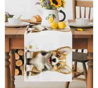 Funny Puppy Table Runner 13x48 Inches Long Watercolor Cute Cartoon Dog Animal Cotton Linen Table Runner Burlap Style for Dinner Table Party Decor Tabletop Decorations