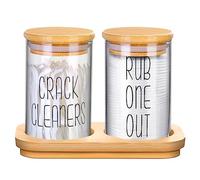 Funny Qtip Holder 2Pack Glass Apothecary Jars Bathroom Canisters with Tray Cotton Round Holder and Floss Pick Bathroom Storage Organization Qtip Holder Bath Set for Farmhouse Rustic Bathroom Décor