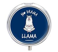 Funny Quotes No Drama White Grey Llama Alpaca Sitting on Navy Blue Iron Pill Box Case Organizer with Internal Separate Plastic Dividers, Travel Small Medicine Bag Holder Carrier Round Container