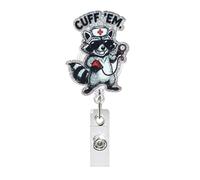 Funny Raccoon Badge Reel, Cuff Em Badge Reels Retractable, Name Badge Holder Reel ID Clip, Cute Animal Pediatric Decorative for RN LPN CNA MA Medical Worker Teacher Nurse Badge Accessories