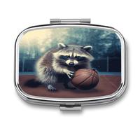 Funny Raccoon Basketball Pill Box Medicine Pill Organizer Small Pill Case Travel Pill Container Portable Pill Case for Pocket 2 Compartment Pill Holder Pill Boxes for Travel