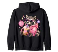 Funny Raccoon Boba Tea Good Vibes Only Cute Trash Panda Kids Zip Hoodie