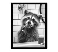 Funny Raccoon Brushing Teeth Wall Art - Black and White Unframed Canvas Print, Vintage Bathroom Decor with Cute Animal Poster for Farmhouse, Kids Room, Laundry Room Decor 12x16 Inches