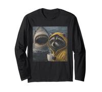 Funny Raccoon Drinking Coffee Shark Attack Meme Vintage Long Sleeve T-Shirt