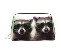 Funny Raccoon Green Sunglasses Makeup Bag for Women Cosmetic Bags Leather Travel Makeup Case Organizer Waterproof Make up Pouch Open Flat Toiletry Bag Portable Storage Pouch for Travelling, Silver