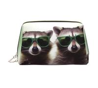 Funny Raccoon Green Sunglasses Makeup Bag for Women Cosmetic Bags Leather Travel Makeup Case Organizer Waterproof Make up Pouch Open Flat Toiletry Bag Portable Storage Pouch for Travelling, Gold, One