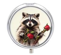 Funny Raccoon Metal Pill Organizer, 3 Compartment Waterproof Pill Case with Mirror for Purse Pocket Bag, Daily Medicine Vitamin Holder, Portable Travel Med Container(Round)