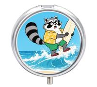 Funny Raccoon Pill Case Retro Mirror 3 Compartments Pill Organizer Small Round Metal Pill Organizer for Fish Oil Pills or Vitamins Supplements for