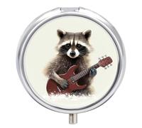 Funny Raccoon Round Pill Box 3 Compartment Medicine Pill Organizer with Mirror Travel Small Pill Case Cute Vitamin Organizer Portable Daily Pill Container for Pocket Purse
