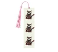 Funny Raccoon Wooden Bookmarks 5 Pcs,Handmade Double-Sided Printed Book Marks Page Markers with Pink Tassels Book Accessories Gift for Book Lovers Women Men