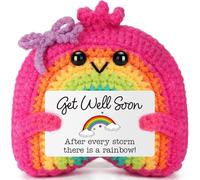 Funny Rainbow Get Well Soon Gifts for Women Teen, Positive Emotional Handmade Crochet with Card for Sick Friend, Inspirational Comfort After Surgery Recovery Gifts, Cheep Up Feel Better Decor