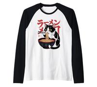 Funny Ramen Cat Eating Noodles Style 02 Raglan Baseball Tee