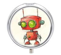 Funny Red Robot Metal Pill Organizer, 3 Compartment Waterproof Pill Case with Mirror for Purse Pocket Bag, Daily Medicine Vitamin Holder, Portable Travel Med Container(Round)