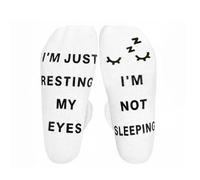 Funny Resting Eyes Socks With Anti Slip Soles - Bold Humorous Print Design On Soft Stretchy Cotton Crew Socks For Men And Women As Novelty Gifts And Stocking Fillers In White Color