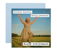 Funny Retirement Card for Her - “Goodbye Tension, Hello Pension!” - Humorous Leaving Card for Colleague, Friend, Mum, Dad, Joyful Woman Jumping in Field - Happily Retiring - Comes with Stickers