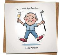 Funny Retirement Card - “Goodbye Tension, Hello Pension” - 145mm x 145mm Square Greeting Card with Kraft Envelope - Humorous Golf & Champagne Design for Him or Her