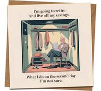 Funny Retirement Card - “I’m Going to Retire and Live Off My Savings… What I Do on the Second Day I’m Not Sure” for Men, Women, Colleagues, Boss