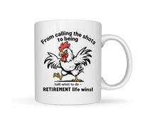 Funny Retirement Rooster Mug - “from Calling The Shots to Being Told What to Do” - 11oz Ceramic Coffee Cup for Retired Men, Boss, Coworker, or Husband - Retirement Life Humour Gift