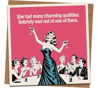 Funny Retro Greeting Card - She had many charming qualities. Sobriety was not one of them. 145mm x 145mm, Blank Inside, Kraft Envelope Included, Birthday Card for Her/Wine Lover