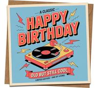 Funny Retro Happy Birthday Card - Vinyl Record Player Design, A Classic Old But Still Cool - 145mm x 145mm Square Greeting Card with Kraft Envelope for Him Her Dad Mom Friend