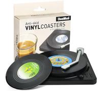 Funny Retro Record Coasters for Drinks with Vinyl Player Holder for Music Lovers,Set of 6 Conversation Piece Sayings Drink Coaster,Housewarming Hostess Wedding Registry Gift Ideas