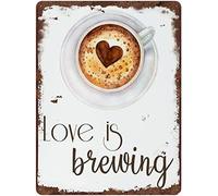 Funny Retro Tin Sign Love is Brewing Vintage - Coffee & Kitchen Wall Decor Tin Sign Decoration Creative Fun Home Bathroom Patio Bar Bar Poster Sign 12x8 Inch