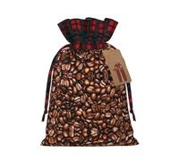 Funny Roasted Coffee Beans Christmas Drawstring Linen Gift Bag Paired With Scottish Plaid Fabric, With A Delicate And Simple Texture