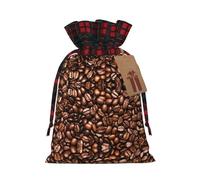 Funny Roasted Coffee Beans Printing Color Matching Plaid Christmas Bag With Drawstring,4.7x6.9 In For Christmas Halloween