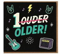 Funny Rock Music Birthday Card - '1 LOUDER' Crossed Out to 'OLDER!' with Guitar, Amp, Lightning Bolt & Notes - For Music Lovers