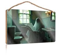 Funny Room Decor Ghost Reading Newspaper in Haunted Bathroom Wooden Sign Box Signs Funny Signs for Man Cave(23X35CM)