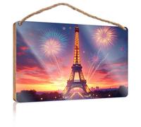 Funny Room Decor Parisian Night: Eiffel Tower with Fireworks Wooden Sign Wooden Hanging Plaque Sign Office Door Signs Funny(15X28CM)