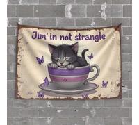 Funny Room Decor Sleepy Kitten in A Cup with Purple Butterflies Tapestry Tapsterys Wall Man Cave Decor and Accessories(75X100CM)
