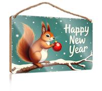 Funny Room Signs A Squirrel Holding A Red Ornament with Happy New Year Written On It Wooded Sign Funny Decor for Home Outside Fall Decorations