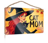 Funny Room Signs Cat Mom Witch with Black Cat Wooded Sign Funny Decor for Home Outside Fall Decorations