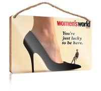 Funny Room Signs Women's World Magazine Cover with High Heel Shoe and Tiny Person Wooded Sign Funny Decor for Home Outside Fall Decorations