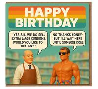Funny Rude Birthday Card for Him - Retro Toy Figures in Shop with Condom Joke Speech Bubbles, 'Happy Birthday' Adult Humour