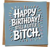 Funny Rude Birthday Card - Happy Birthday! Still a Little Bitch - 145mm x 145mm, Blue Design, Kraft Envelope Included, Joke Card for Friend, Him or Her