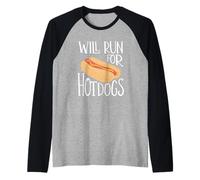 Funny Runner Quote Will Run for Hot Dogs Running Joke Raglan Baseball Tee